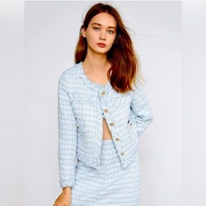 Light Blue Botton Front Tweed Jacket